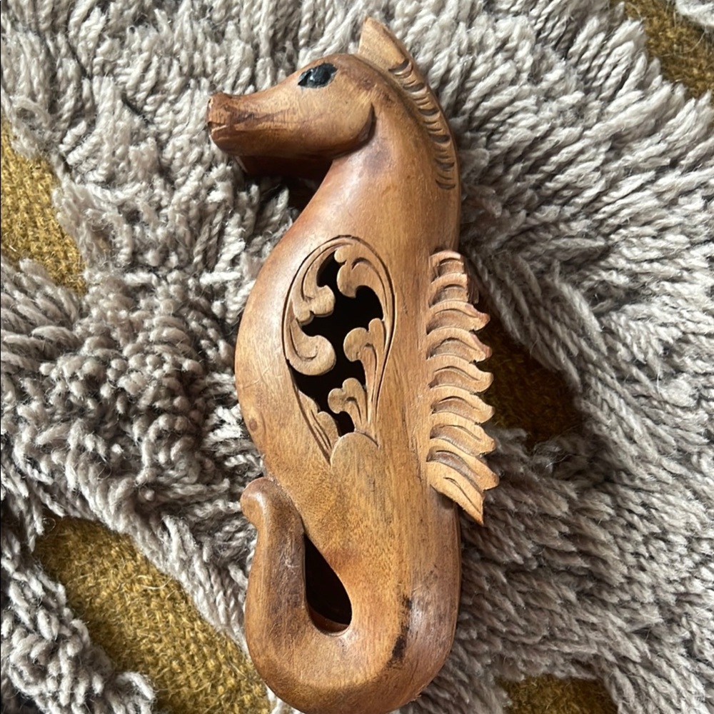 Hand Carved Wooden Seahorse Decorative Figurine - Natural Wood